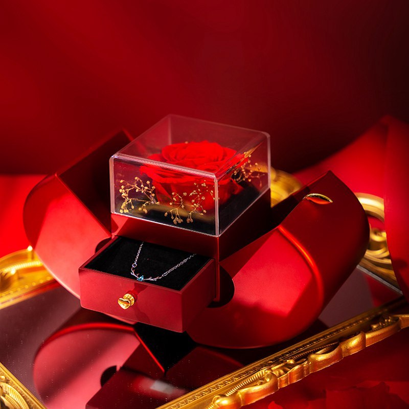 Fashion Jewelry Box Red Apple Christmas Gift Necklace Eternal Rose For Girl Mother's Day Valentine's Day Gifts With Artificial Flower Rose Flower Jewelry Box - Image 7