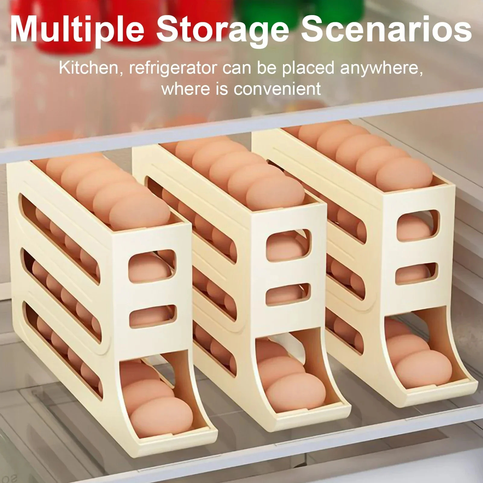 Refrigerator 4-Layer Automatic Egg Roller Sliding Egg Tray Refrigerator Side Door Large Capacity Holder Egg Storage Box Kitchen Gadgets - Image 8