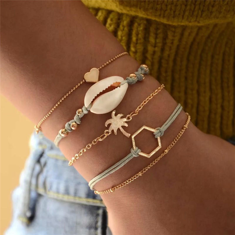 European And American Style Minimalist Braided Beaded Moon Shell Bracelet Set For Women