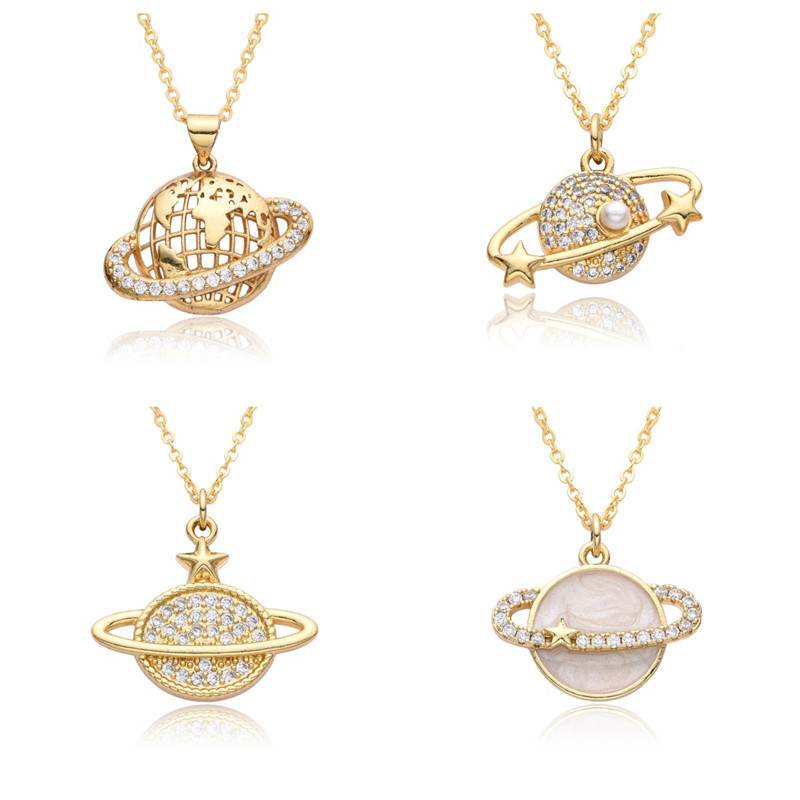 Copper Micro Inlay Color Zircon Personality Planet Pendant Plated 18K Gold Necklace - Image 8