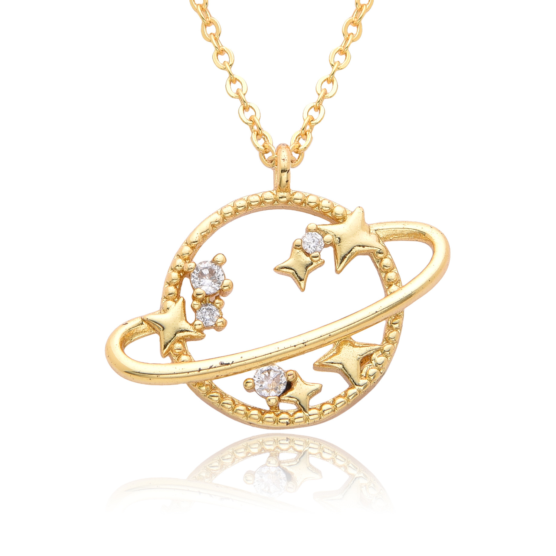 Copper Micro Inlay Color Zircon Personality Planet Pendant Plated 18K Gold Necklace - Image 7