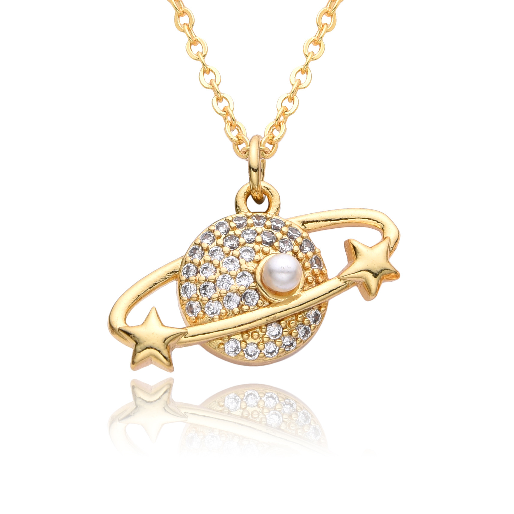 Copper Micro Inlay Color Zircon Personality Planet Pendant Plated 18K Gold Necklace - Image 5