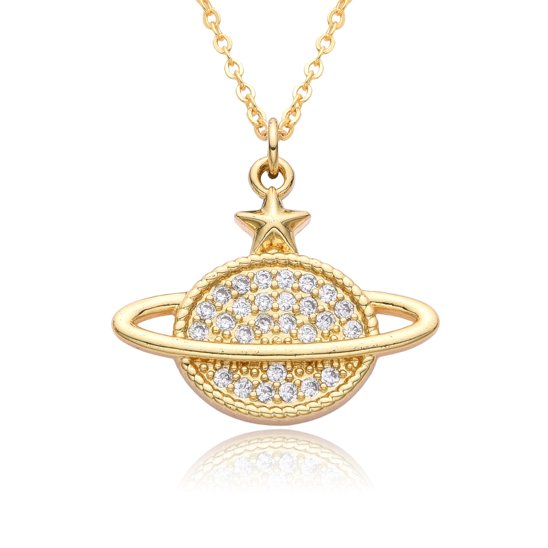 Copper Micro Inlay Color Zircon Personality Planet Pendant Plated 18K Gold Necklace - Image 2