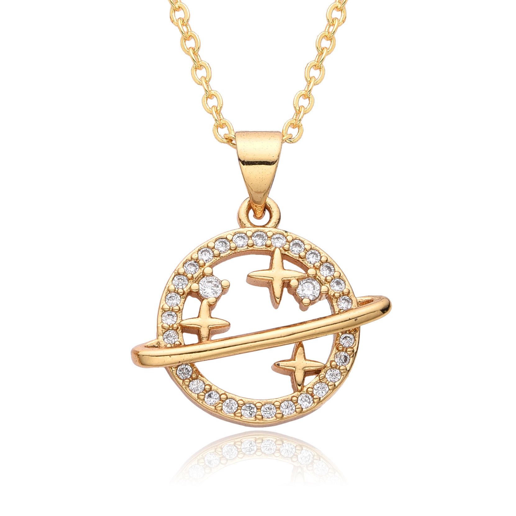 Copper Micro Inlay Color Zircon Personality Planet Pendant Plated 18K Gold Necklace - Image 10