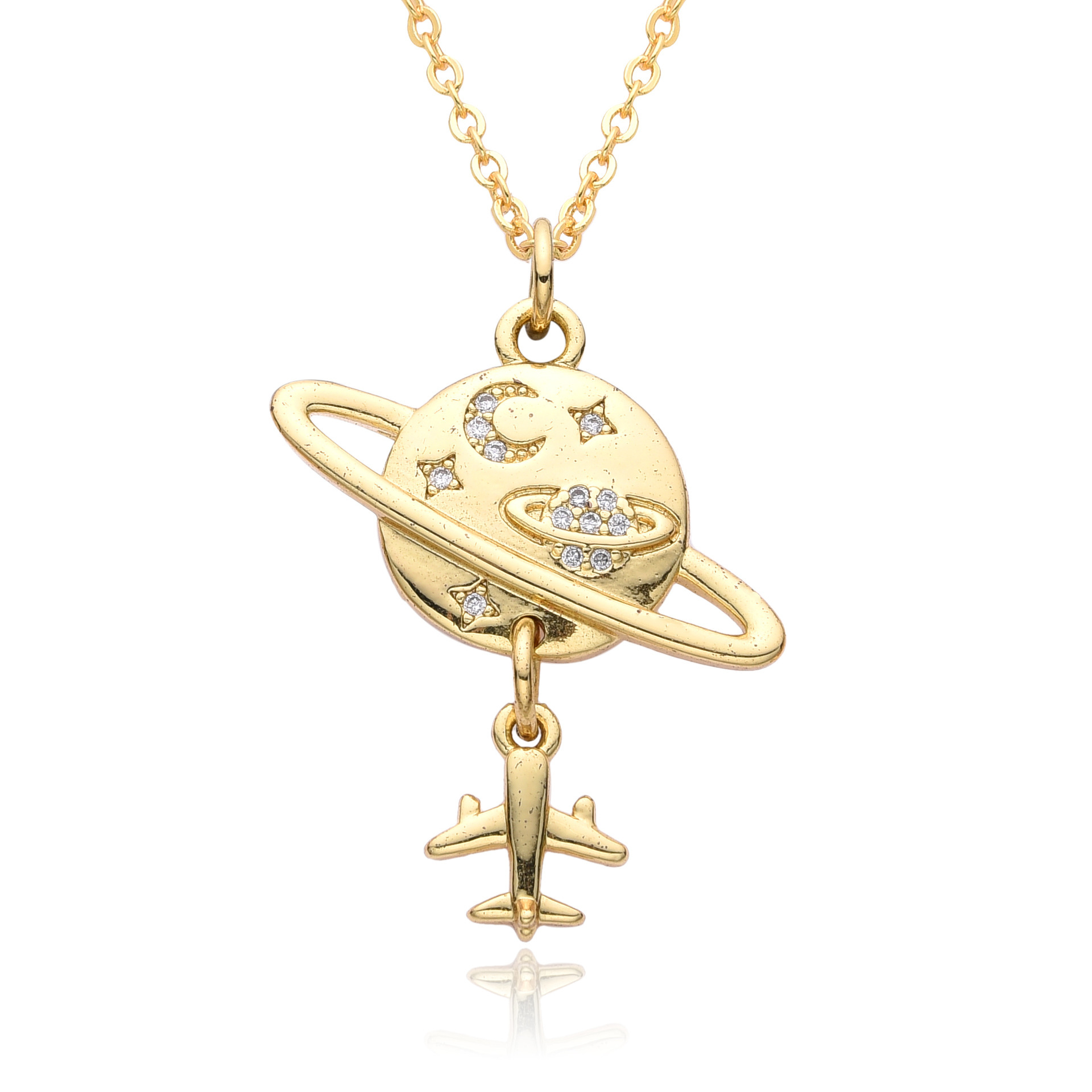Copper Micro Inlay Color Zircon Personality Planet Pendant Plated 18K Gold Necklace - Image 3
