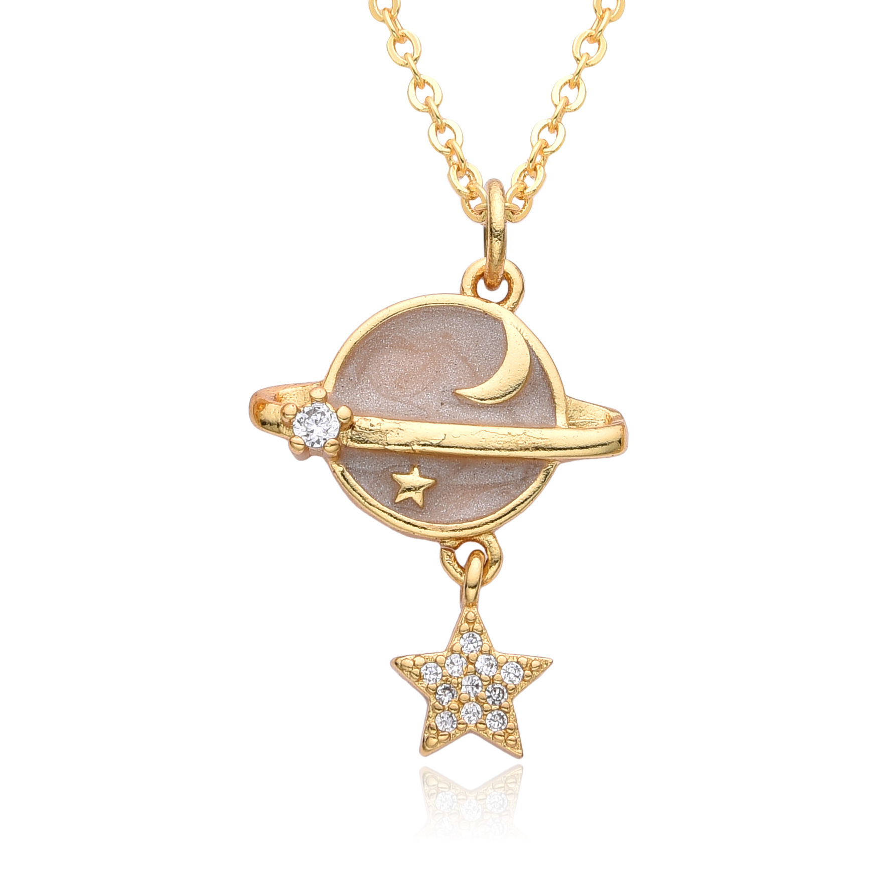 Copper Micro Inlay Color Zircon Personality Planet Pendant Plated 18K Gold Necklace - Image 6